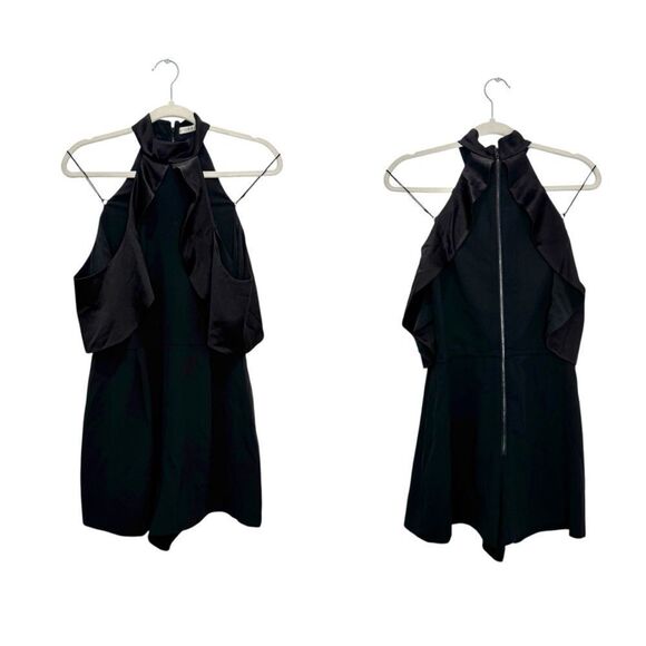 Alice + Olivia Rosaline High Neck Satin Ruffle Cold Shoulder Pleated Romper - Picture 4 of 8